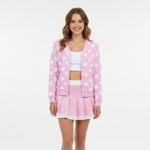 Sweet Love Hearts Ribbed Button Up Cardigan (White x Pink)