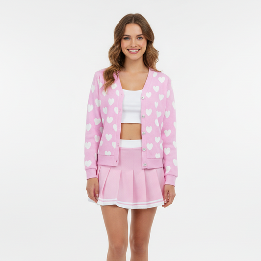 Sweet Love Hearts Ribbed Button Up Cardigan (White x Pink)