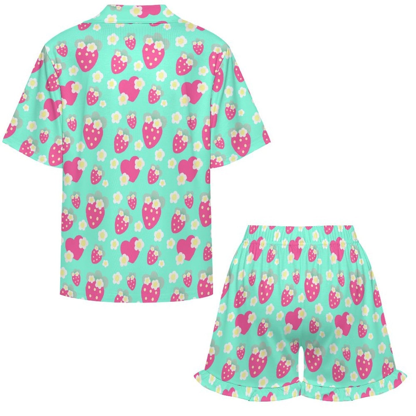 Strawberry Cutie Women's Top & Bottom Pajama Loungewear Set Short Sleeve Button Top Frilly Ruffled Shorts With Pockets (Fruity Berry Mint)