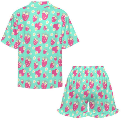 Strawberry Cutie Women's Top & Bottom Pajama Loungewear Set Short Sleeve Button Top Frilly Ruffled Shorts With Pockets (Fruity Berry Mint)