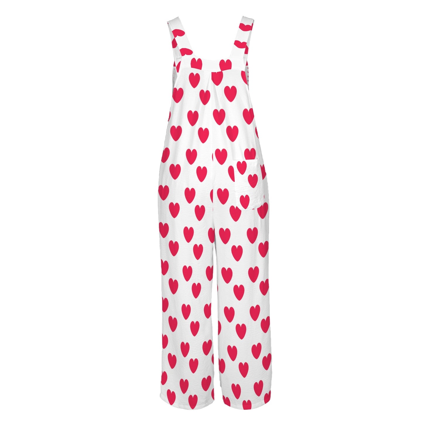 Sweet Love Hearts Adjustable Strap Wide Leg Jumpsuit Overalls With Pockets (Red x White)