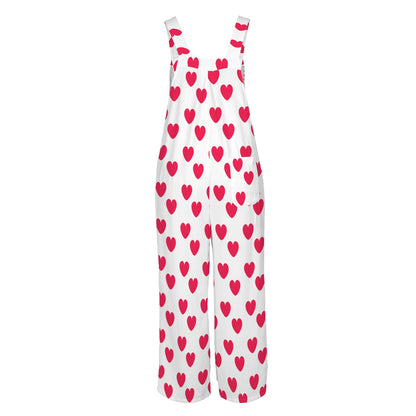 Sweet Love Hearts Adjustable Strap Wide Leg Jumpsuit Overalls With Pockets (Red x White)