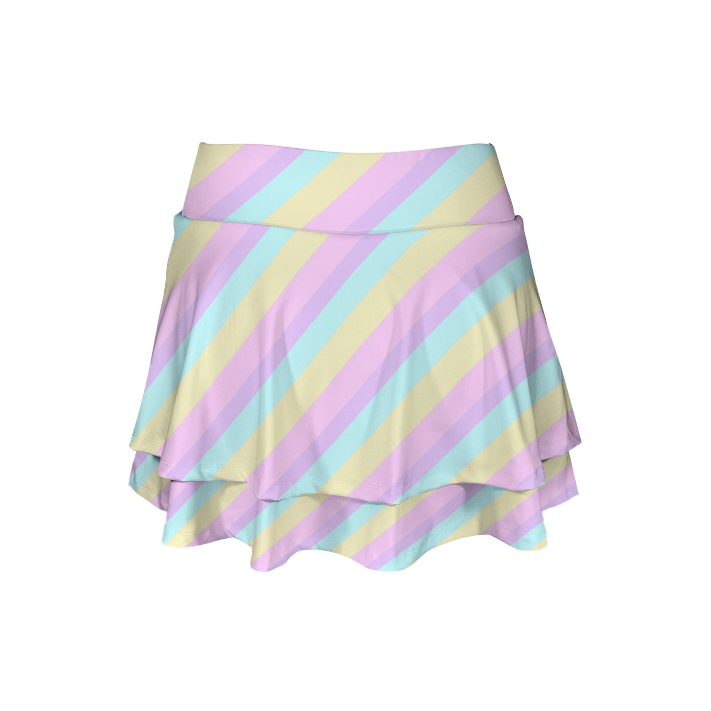 Pastel Stripes Color Block Activewear High Waist Layered Ruffled Sports Mini Skirt With Mesh Shorts & Pockets (Skort)