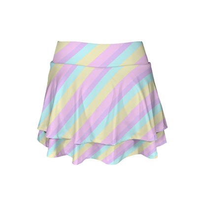 Pastel Stripes Color Block Activewear High Waist Layered Ruffled Sports Mini Skirt With Mesh Shorts & Pockets (Skort)