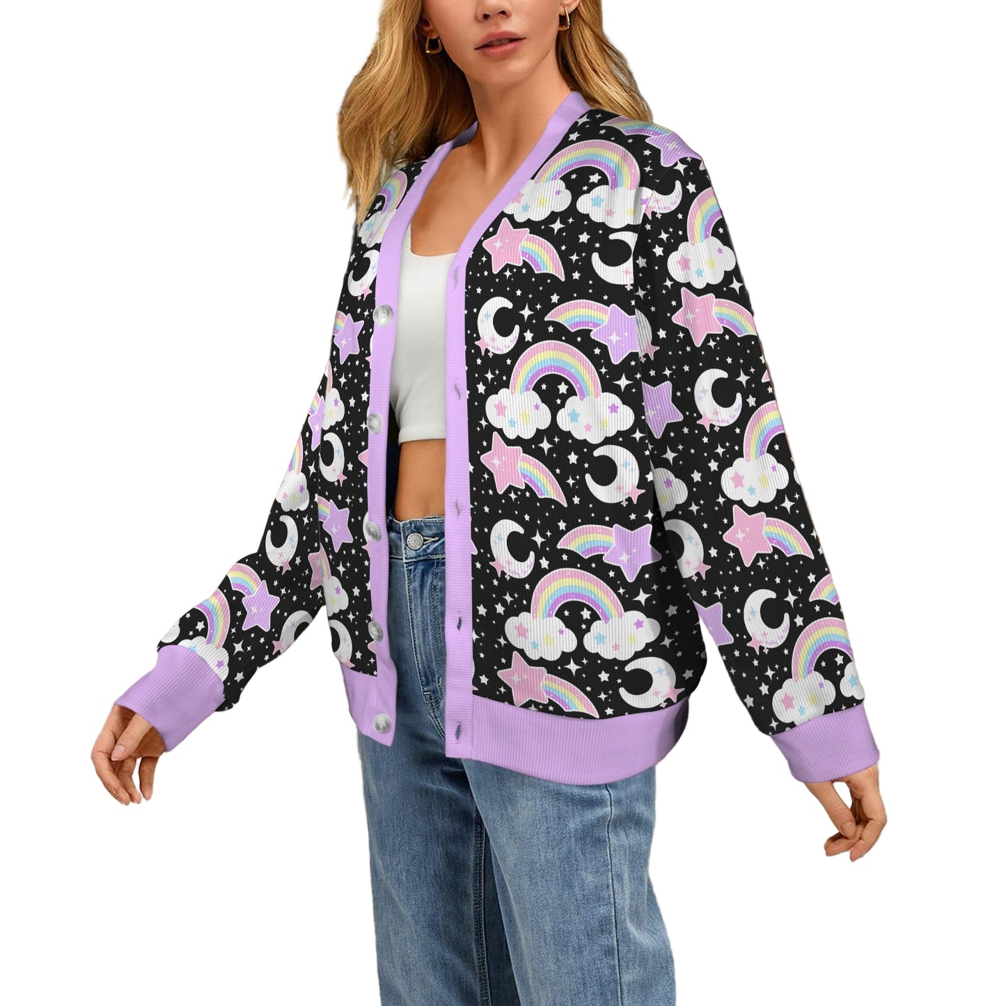 Dreamy Rainbow Women's Ribbed Button Up Cardigan (Black)