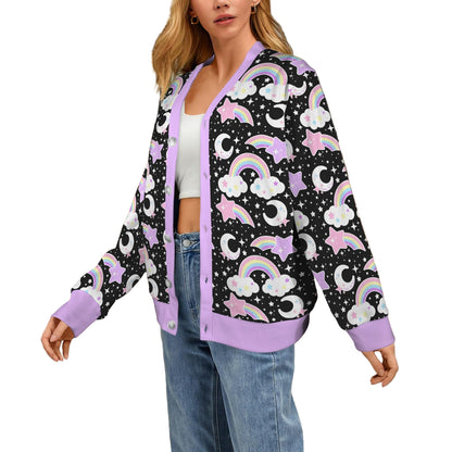 Dreamy Rainbow Women's Ribbed Button Up Cardigan (Black)