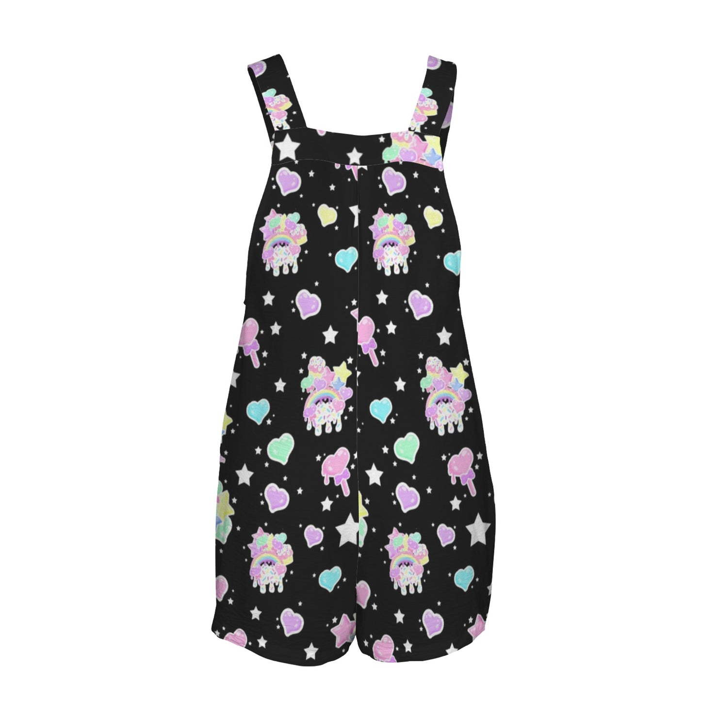 Rainbow Sweets Adjustable Strap Romper Overall Shorts With Pockets (Black)