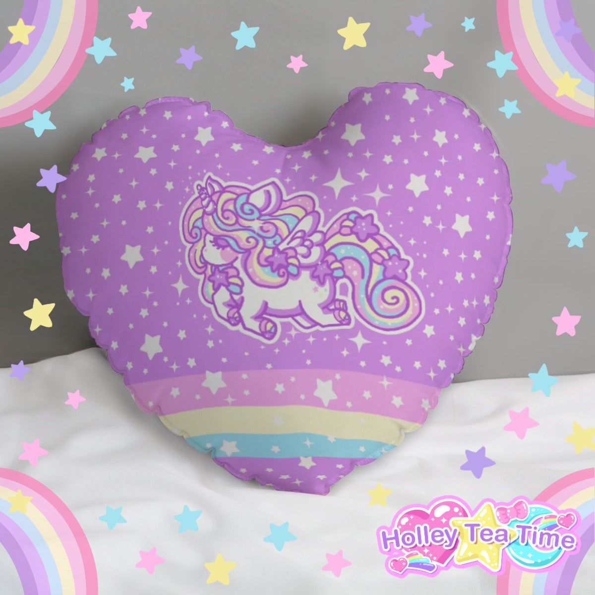 Rainbow Stardust Unicorn Heart Shaped Throw Pillow (Double Sided)