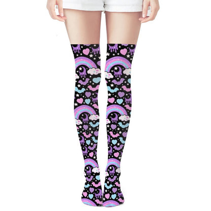 Rainbow Spooky Bats Over Knee Stocking Socks (Black)