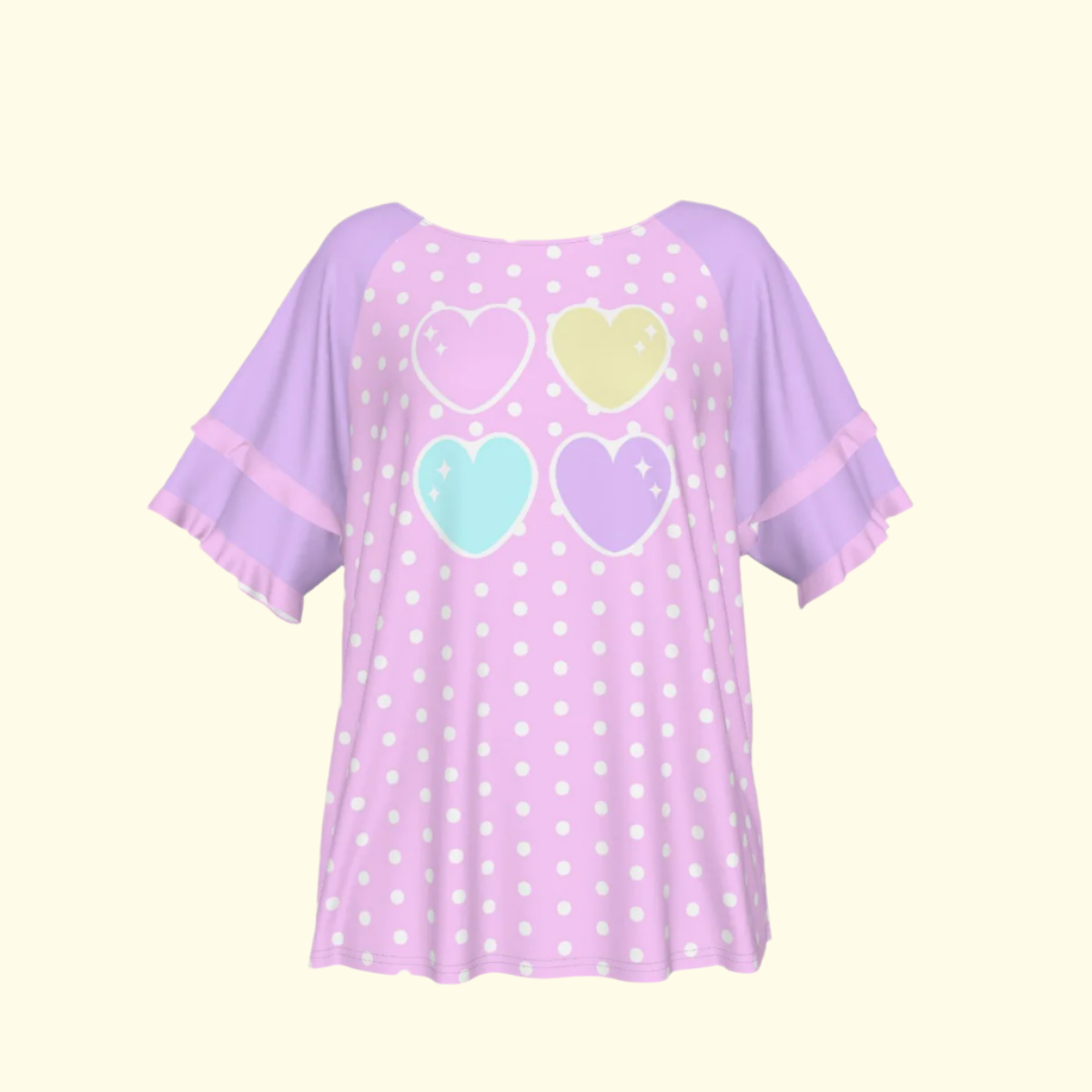 Sweet Love Hearts Pink Round Neck Raglan Sleeve Ruffle Frill T-Shirt (Polka Dots)