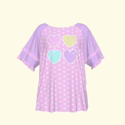 Sweet Love Hearts Pink Round Neck Raglan Sleeve Ruffle Frill T-Shirt (Polka Dots)