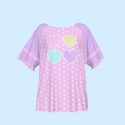 Sweet Love Hearts Pink Round Neck Raglan Sleeve Ruffle Frill T-Shirt (Polka Dots)