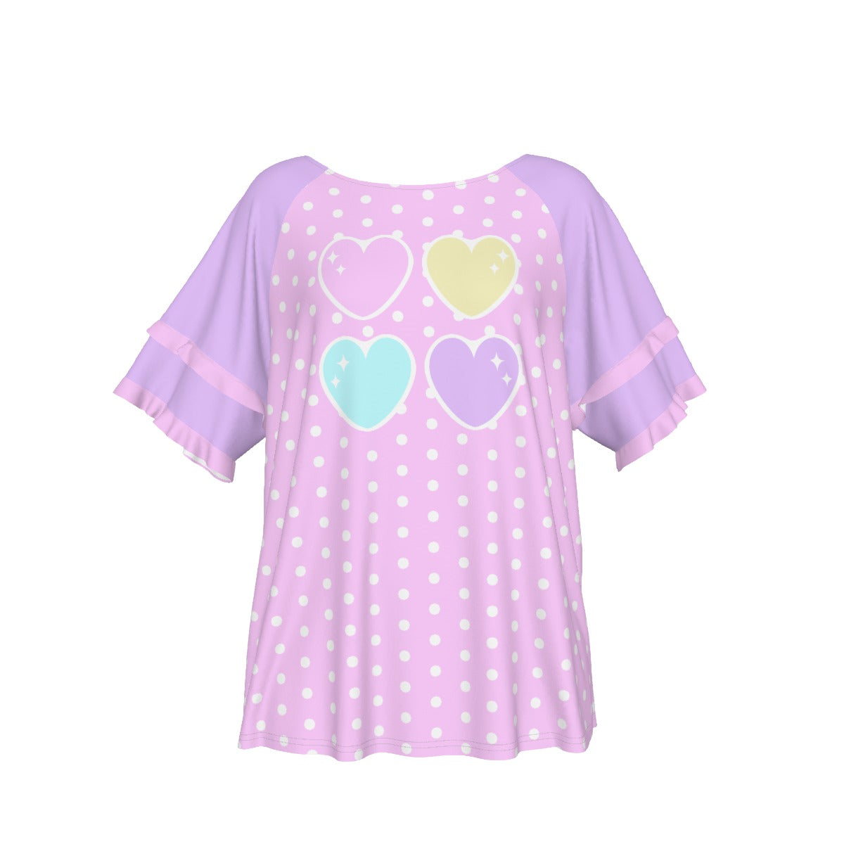 Sweet Love Hearts Pink Round Neck Raglan Sleeve Ruffle Frill T-Shirt (Polka Dots)