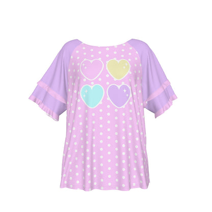 Sweet Love Hearts Pink Round Neck Raglan Sleeve Ruffle Frill T-Shirt (Polka Dots)