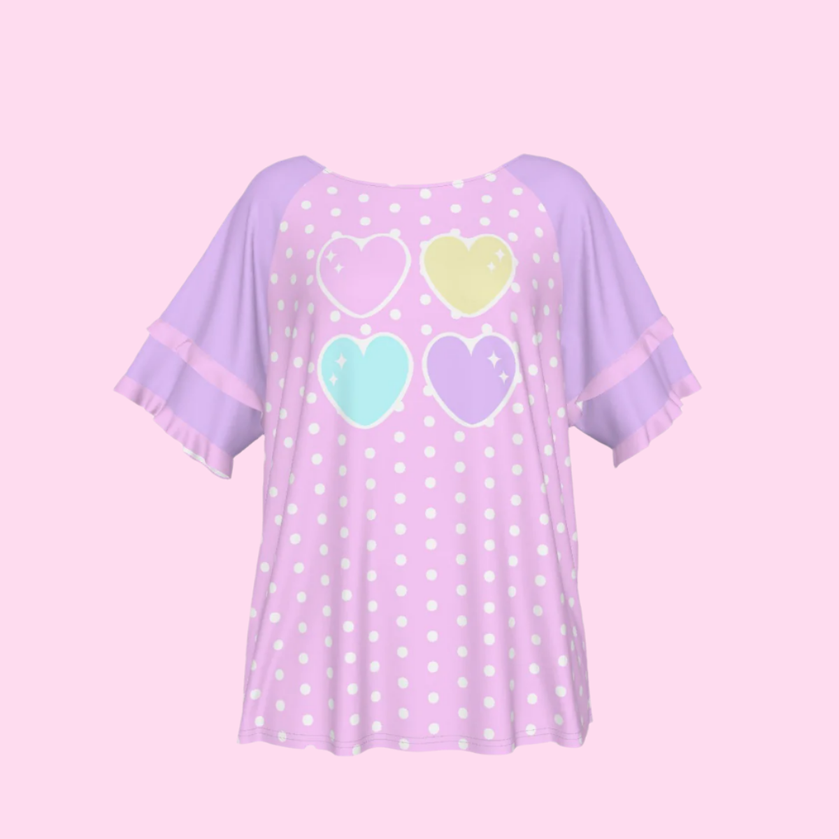 Sweet Love Hearts Pink Round Neck Raglan Sleeve Ruffle Frill T-Shirt (Polka Dots)