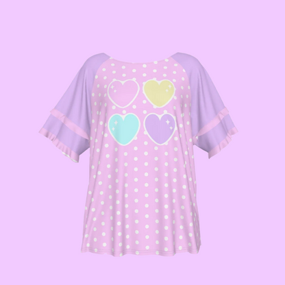 Sweet Love Hearts Pink Round Neck Raglan Sleeve Ruffle Frill T-Shirt (Polka Dots)