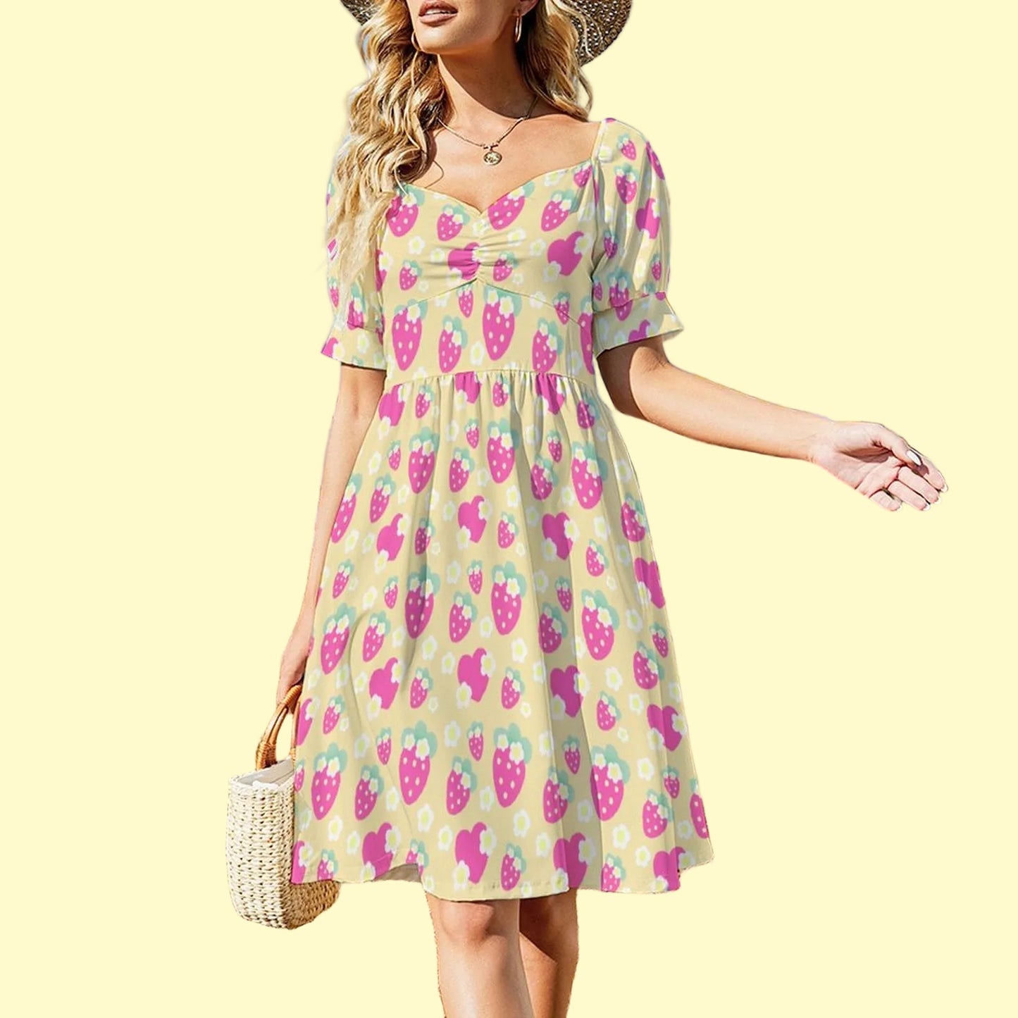 Strawberry Cutie Women's Sweetheart Neckline Puff Short Sleeve A-line Mini Dress (Fruity Berry Yellow)