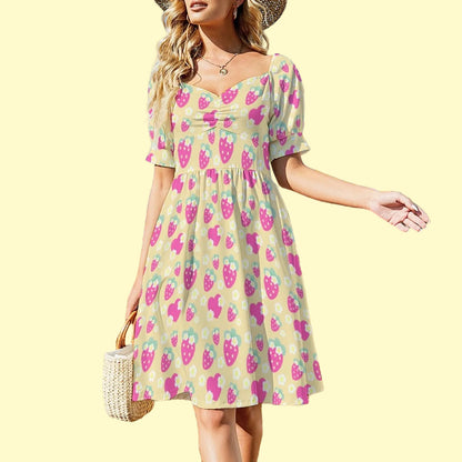 Strawberry Cutie Women's Sweetheart Neckline Puff Short Sleeve A-line Mini Dress (Fruity Berry Yellow)