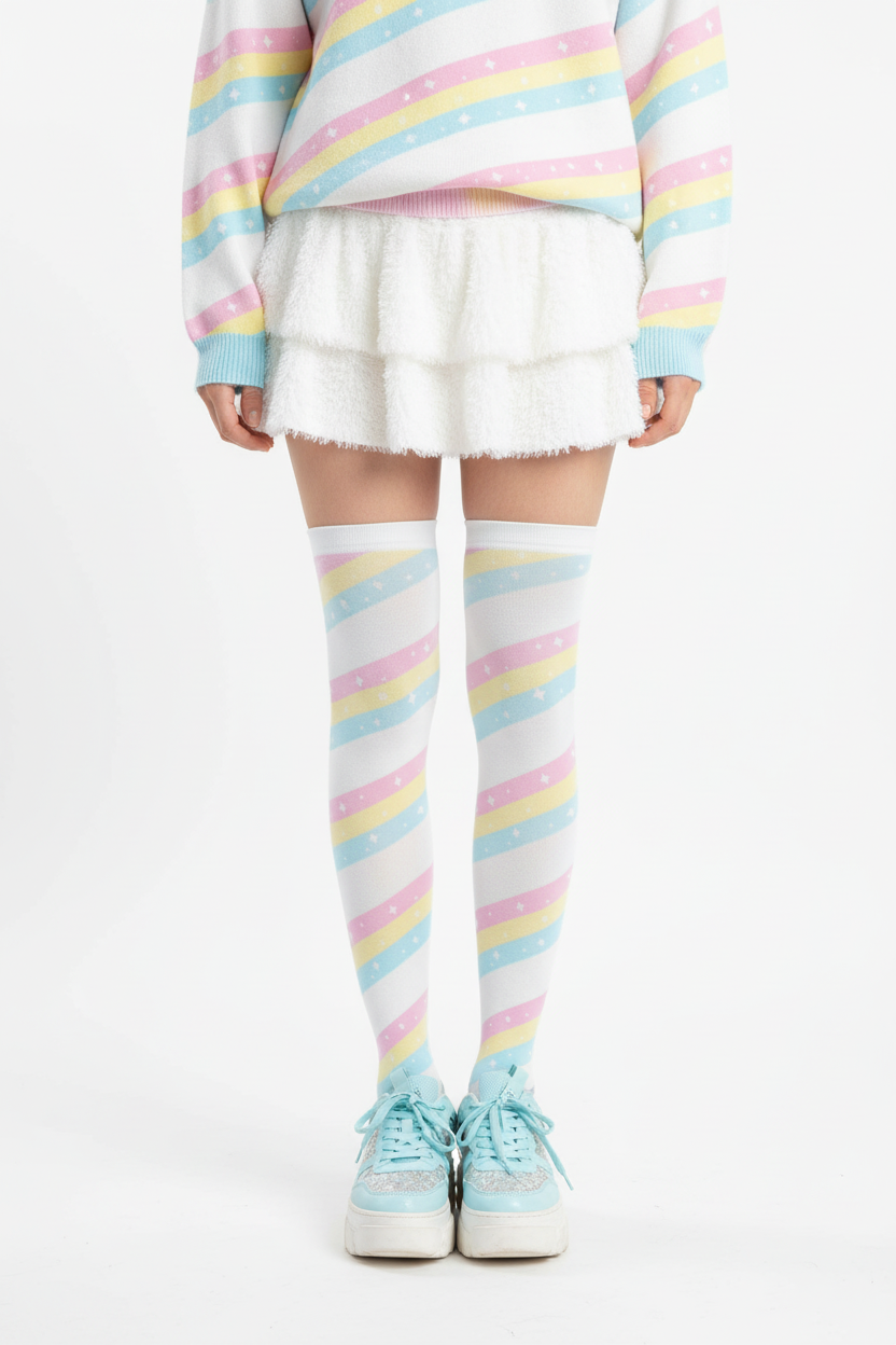 Fairy kei Yumekawaii Kawaii fashion pastel rainbow stripes harajuku fashion jfashion pop kei magical girl mahou shoujo over the knee stocking socks decora kei cutecore