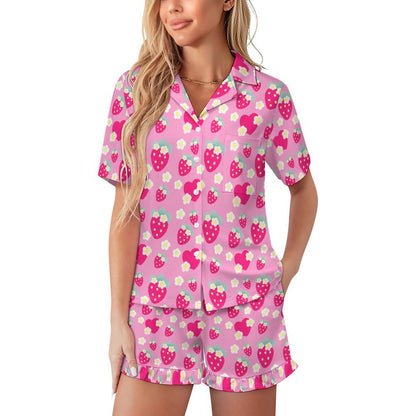 Strawberry Cutie Women's Top & Bottom Pajama Loungewear Set Short Sleeve Button Top Frilly Ruffled Shorts With Pockets (Soda Pop Fruity Berry Pink)