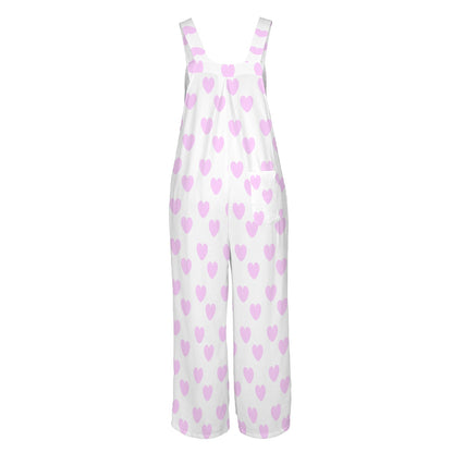 Sweet Love Hearts Adjustable Strap Wide Leg Jumpsuit Overalls With Pockets (Pink x White)