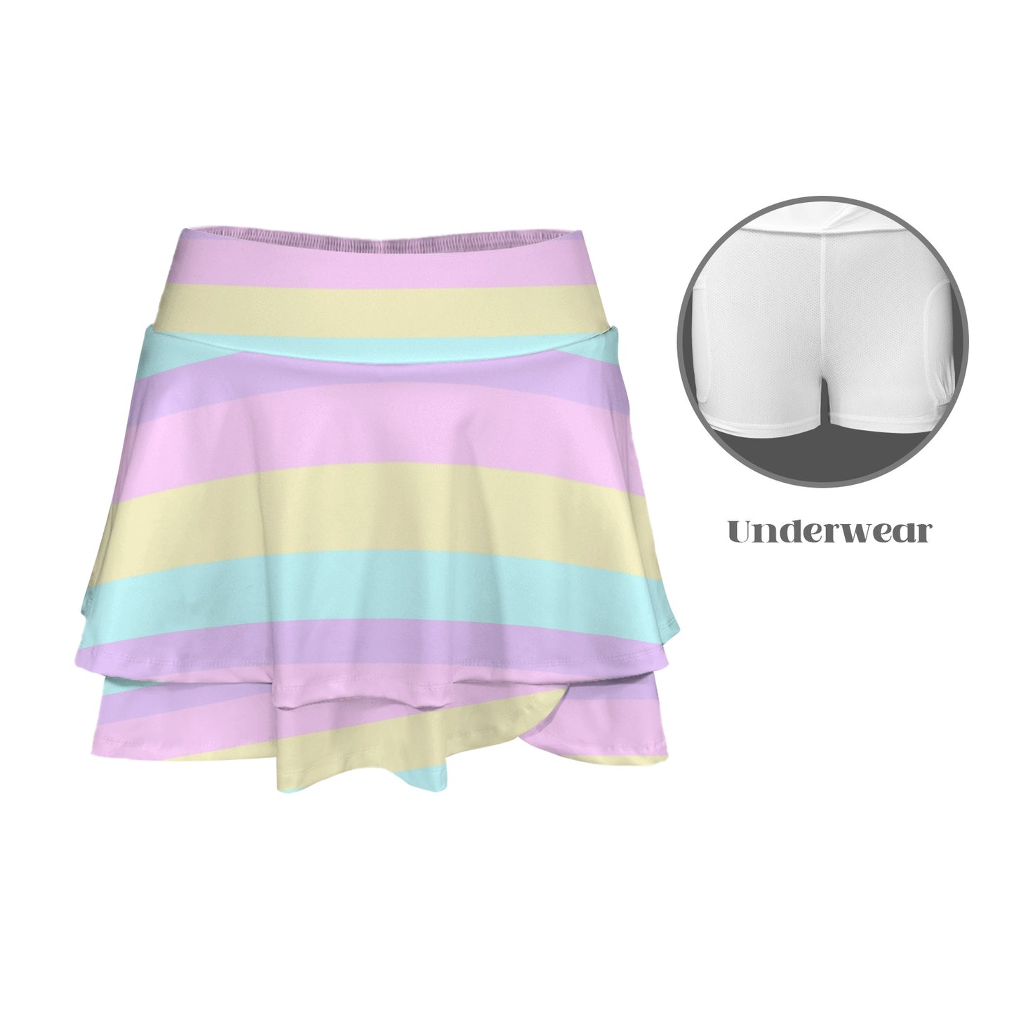Pastel Stripes Color Block Activewear High Waist Layered Ruffled Sports Mini Skirt With Mesh Shorts & Pockets (Skort)