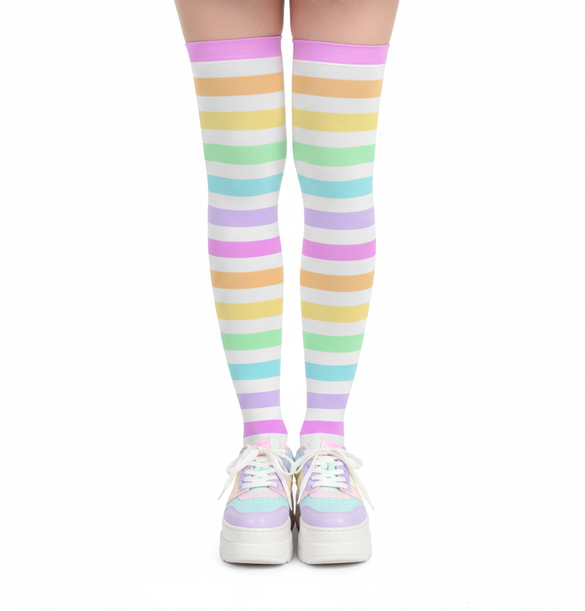 kawaii pastel rainbow over the knee stocking socks pantyhose fairy kei decora kei harajuku fashion cutecore
