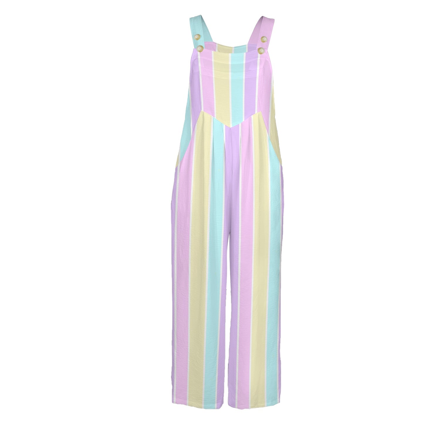 Pastel Stripes Adjustable Strap Wide Leg Jumpsuit Overalls With Pockets