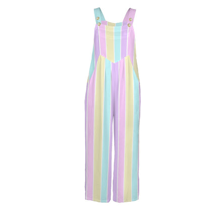 Pastel Stripes Adjustable Strap Wide Leg Jumpsuit Overalls With Pockets