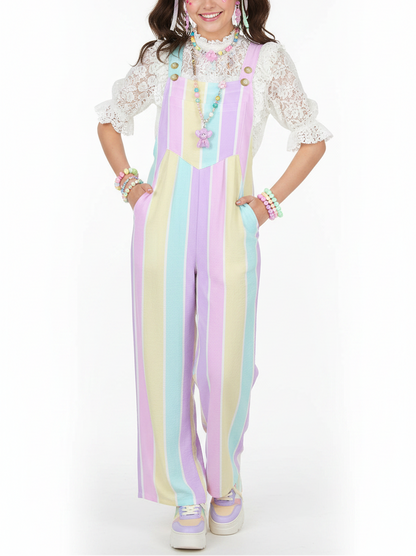 Pastel Stripes Adjustable Strap Wide Leg Jumpsuit Overalls With Pockets
