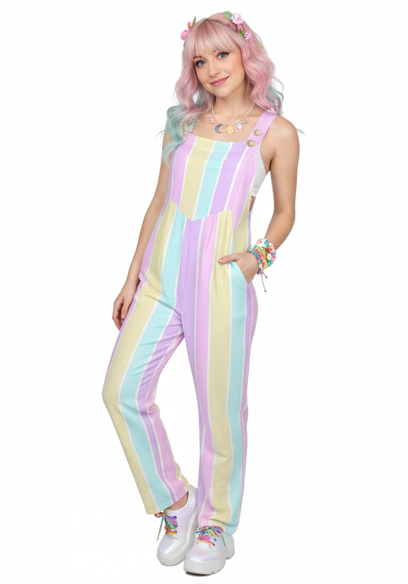 Pastel Stripes Adjustable Strap Wide Leg Jumpsuit Overalls With Pockets