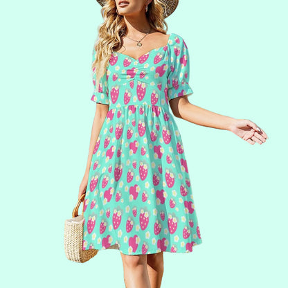 Strawberry Cutie Women's Sweetheart Neckline Puff Short Sleeve A-line Mini Dress (Fruity Berry Mint)
