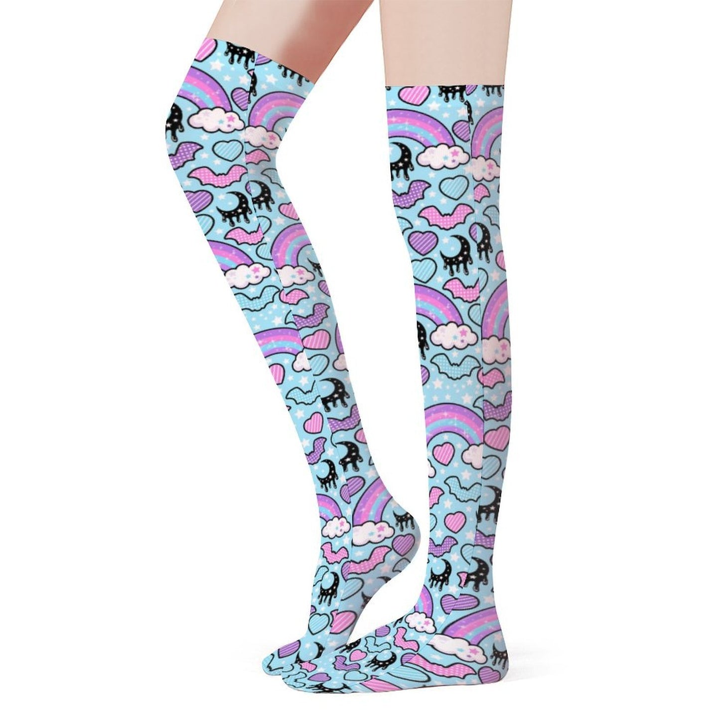 Rainbow Spooky Bats Over Knee Stocking Socks (Blue)