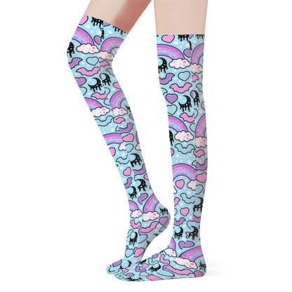 Rainbow Spooky Bats Over Knee Stocking Socks (Blue)