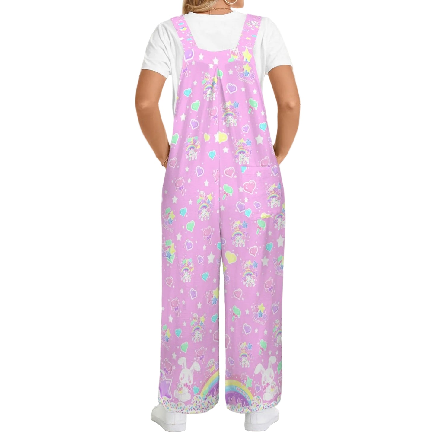Rainbow Sweets Adjustable Strap Wide Leg Jumpsuit Overalls With Pockets (Pink)