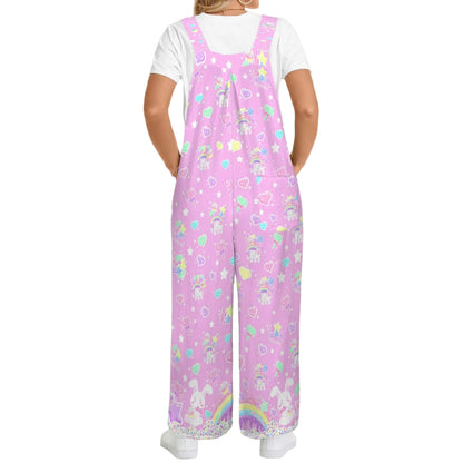 Rainbow Sweets Adjustable Strap Wide Leg Jumpsuit Overalls With Pockets (Pink)