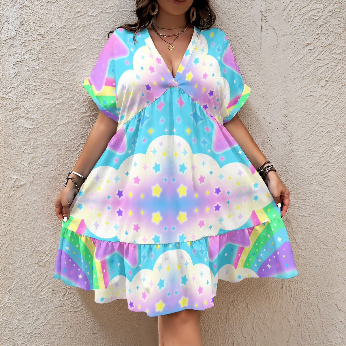 Rainbow Decora Star Women’s Boho Short Sleeve V-Neck Tiered Ruffle Hem Midi Dress