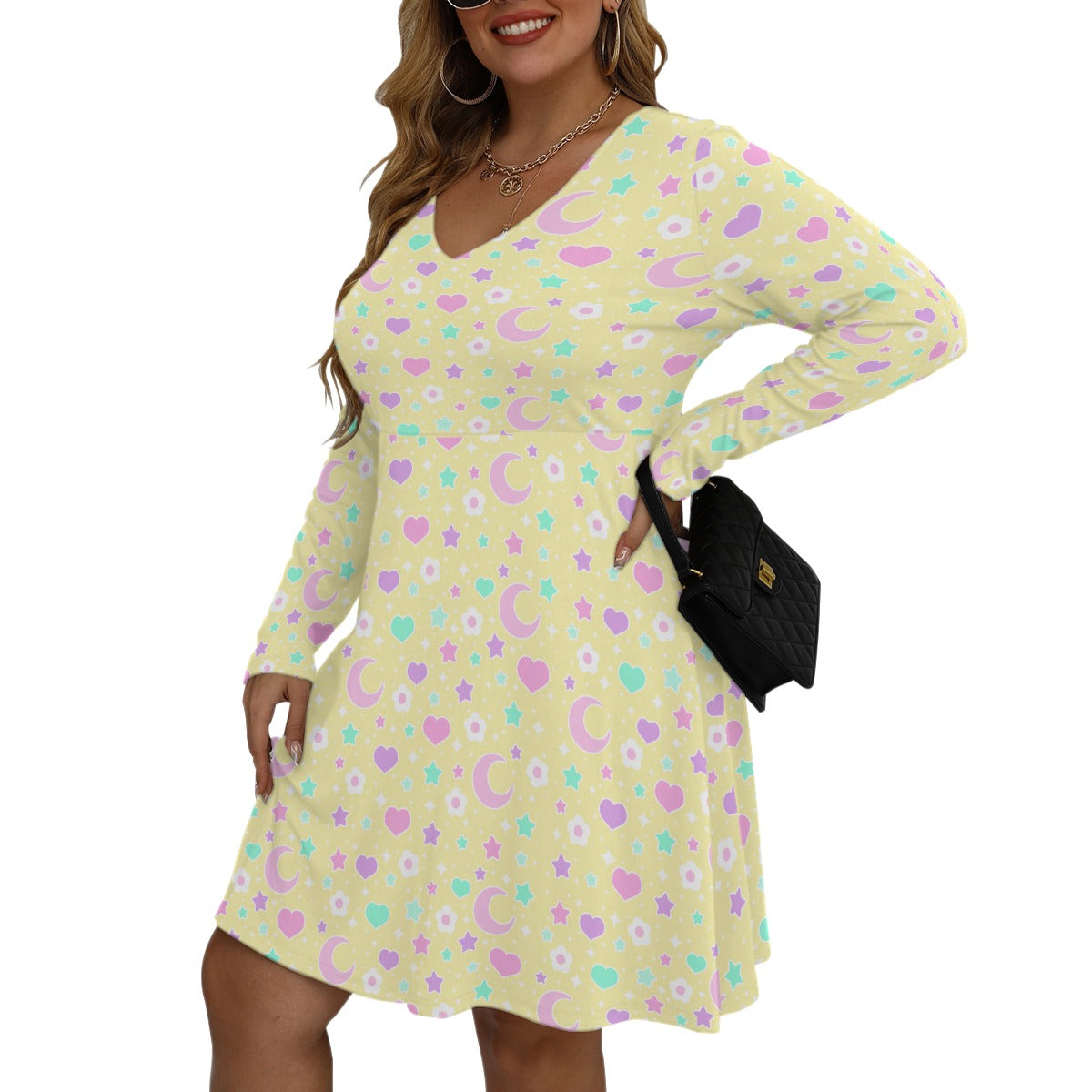 Magical Spring Yellow Women's V-Neck Long Sleeve Dress (Plus Size)