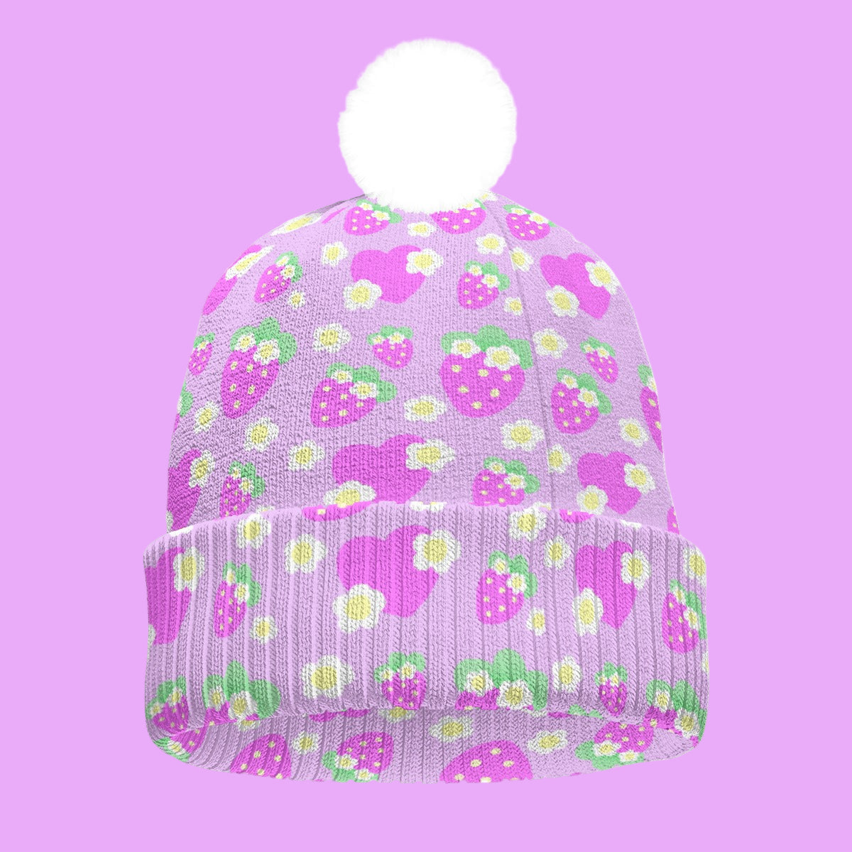Strawberry Cutie Knitted Beanie Hat With Pom-Pom (Fruity Berry Purple)