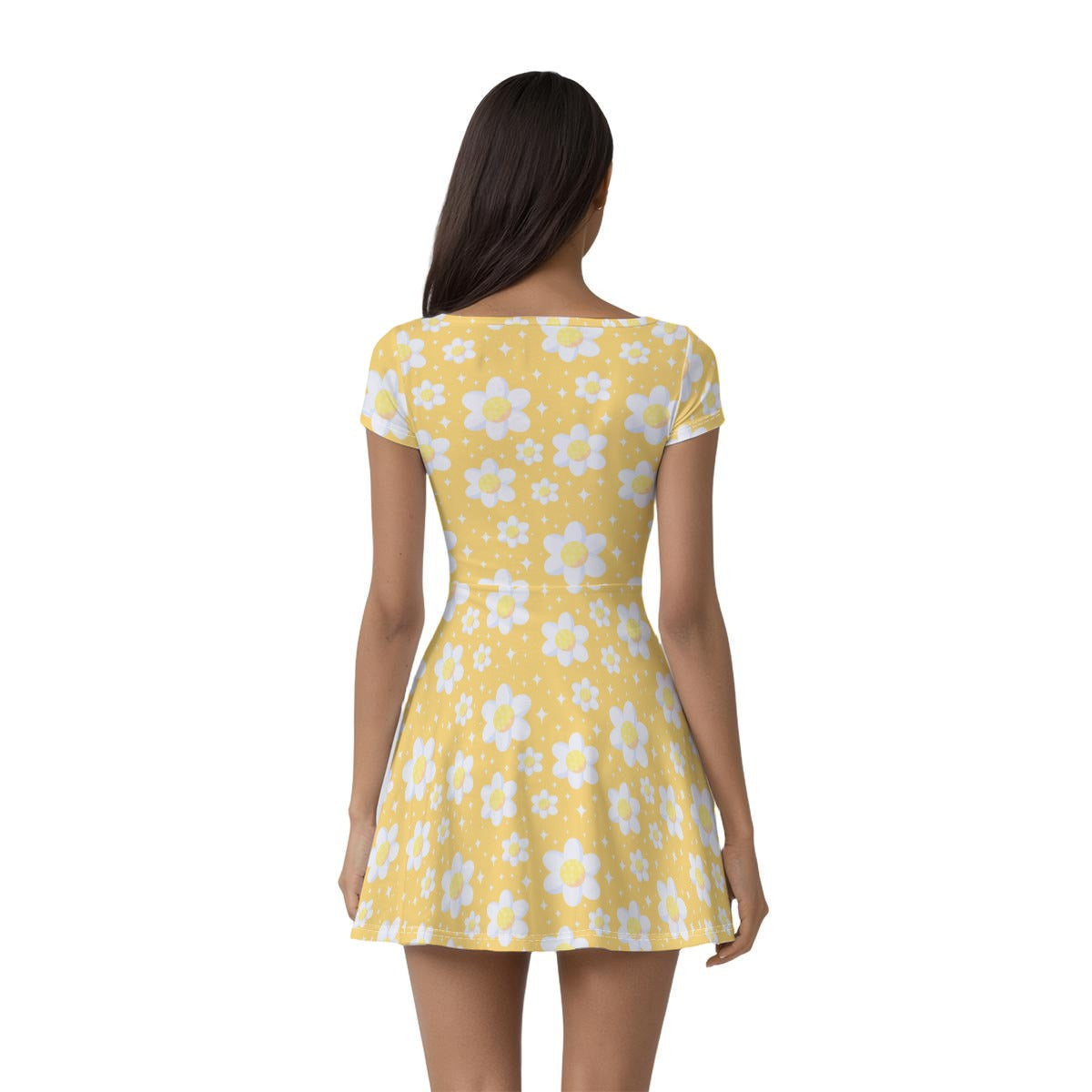 Daisy Dreams Sporty Women’s Square Neck Cap Sleeve Athletic Exercise Mini Dress With Shorts (Sunshine Yellow)