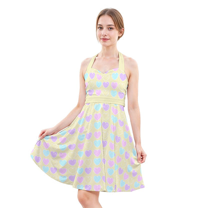 Sweet Love Hearts Yellow Sweetheart Halter Swing Skater Dress With Pockets