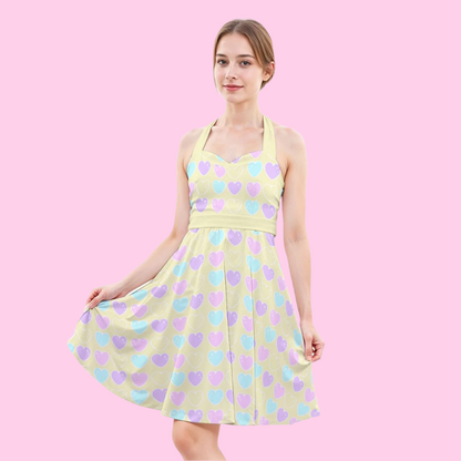 Sweet Love Hearts Yellow Sweetheart Halter Swing Skater Dress With Pockets