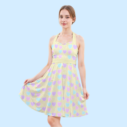 Sweet Love Hearts Yellow Sweetheart Halter Swing Skater Dress With Pockets