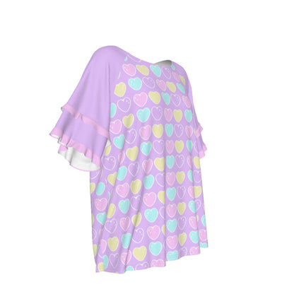 Sweet Love Hearts Purple Round Neck Raglan Sleeve Ruffle Frill T-Shirt