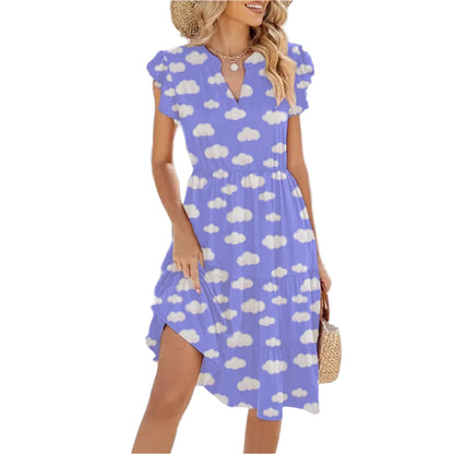 Dreamy Clouds Periwinkle Cap Sleeve V-Neck Tiered Hem Midi Dress With Pockets