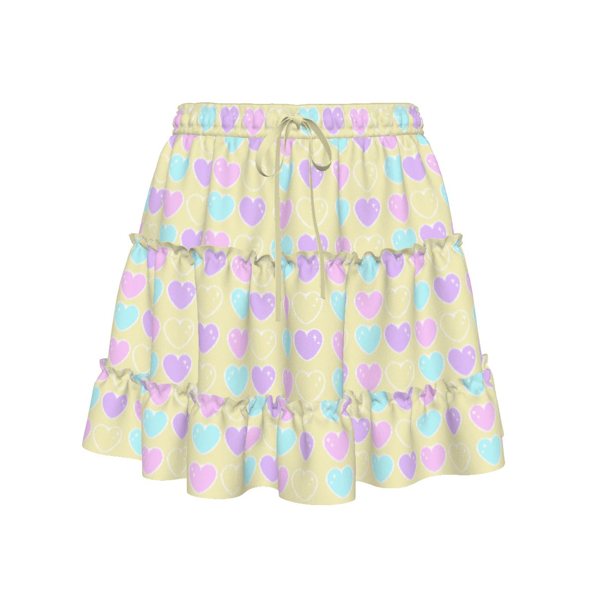 Sweet Love Hearts Yellow Waist Tie Tiered Ruffle Mini Skirt