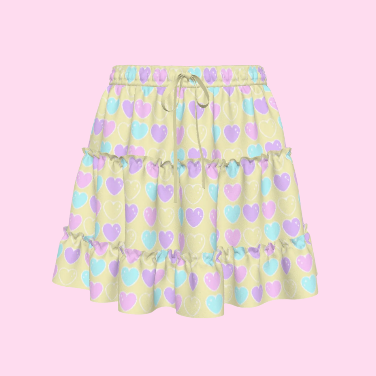 Sweet Love Hearts Yellow Waist Tie Tiered Ruffle Mini Skirt