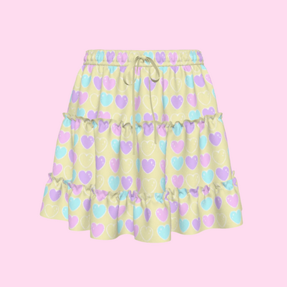 Sweet Love Hearts Yellow Waist Tie Tiered Ruffle Mini Skirt