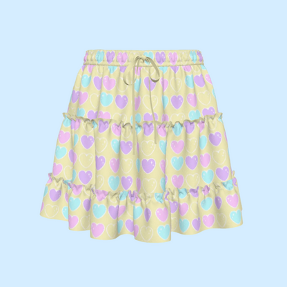 Sweet Love Hearts Yellow Waist Tie Tiered Ruffle Mini Skirt