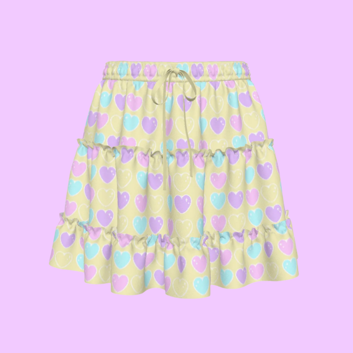 Sweet Love Hearts Yellow Waist Tie Tiered Ruffle Mini Skirt